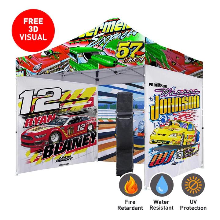 Custom 10x10 Vendor Booth • Tent + Back Wall + Side Rails