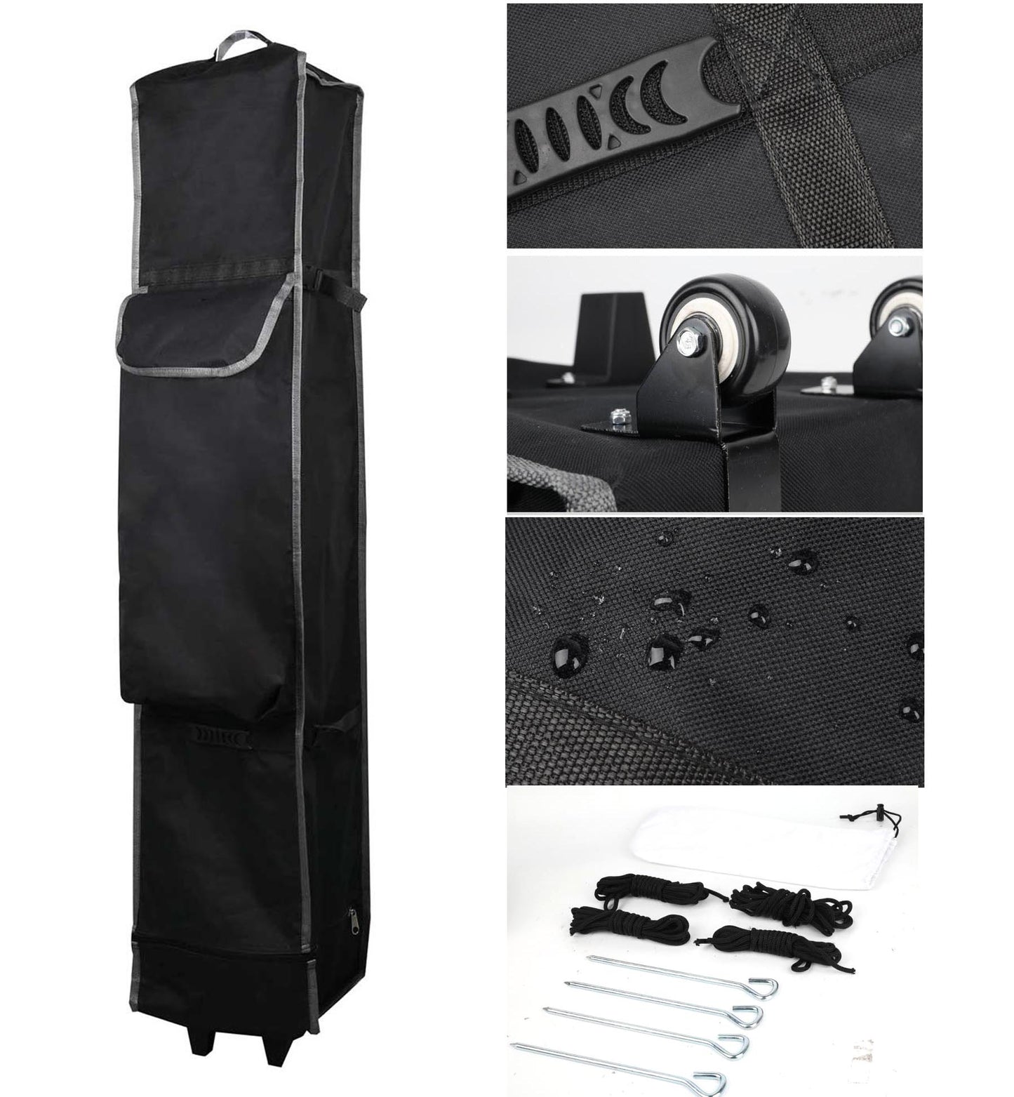 Black wheeled garment/storage bag shown on a white background with three detail insets: a close-up of a strap, a close-up of the wheel hardware, and a close-up of a water-droplet-resistant fabric surface. Small hardware pieces are also shown at the bottom.