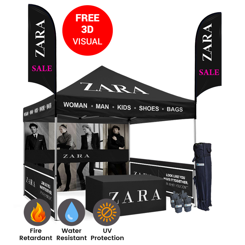 10x10 Custom Canopy Tent Vendor Booth Kit – Half Walls, Feather Flags & Table Cover