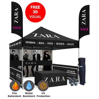 10x10 Custom Canopy Tent Vendor Booth Kit – Half Walls, Feather Flags & Table Cover