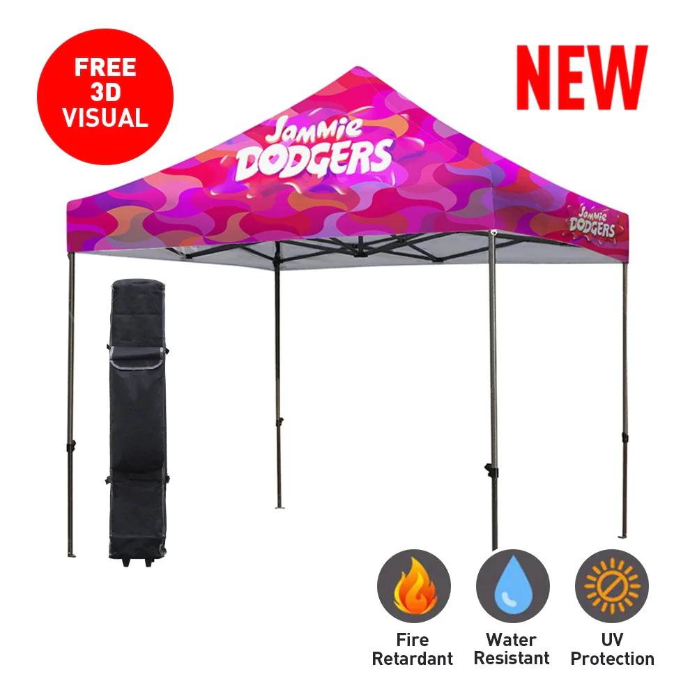 branded canopy tent with colorful design on a white background
