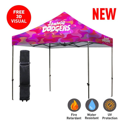 branded canopy tent with colorful design on a white background