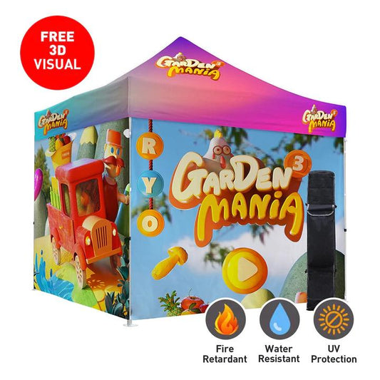 Tent with colorful design and branding 