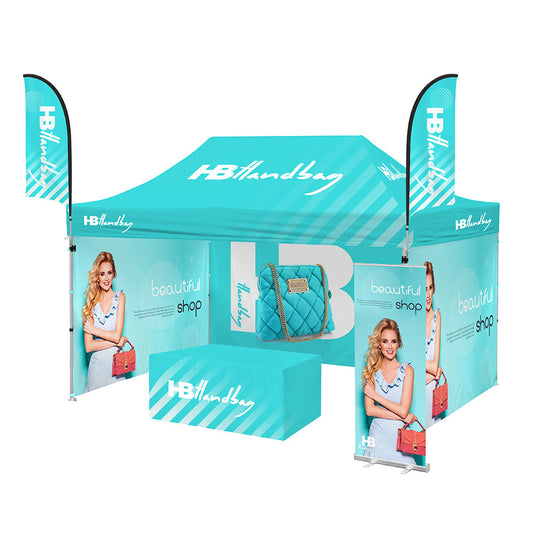 Promotional display with a tent, banners