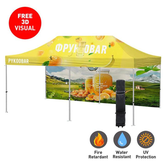 Yellow pop-up tent with branding and scenic design
