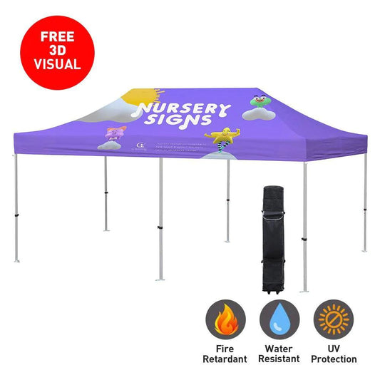 Purple canopy tent with branding, featuring fire retardant, water resistant, and UV protection icons.