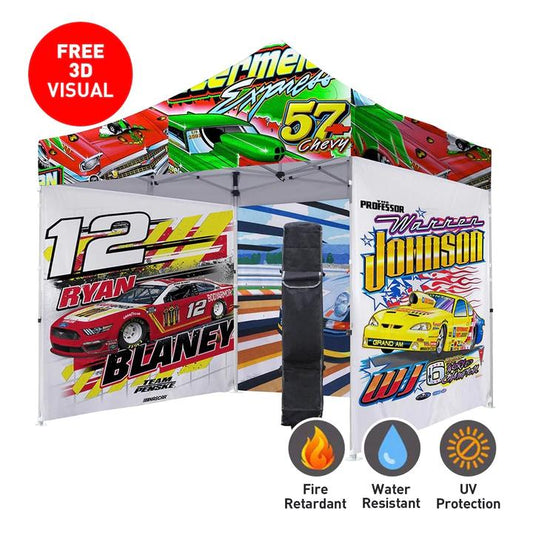 Custom 10x10 Vendor Booth • Tent + Back Wall + Side Rails