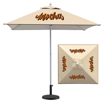 Beige patio umbrella with 'Mocha' text on a white background