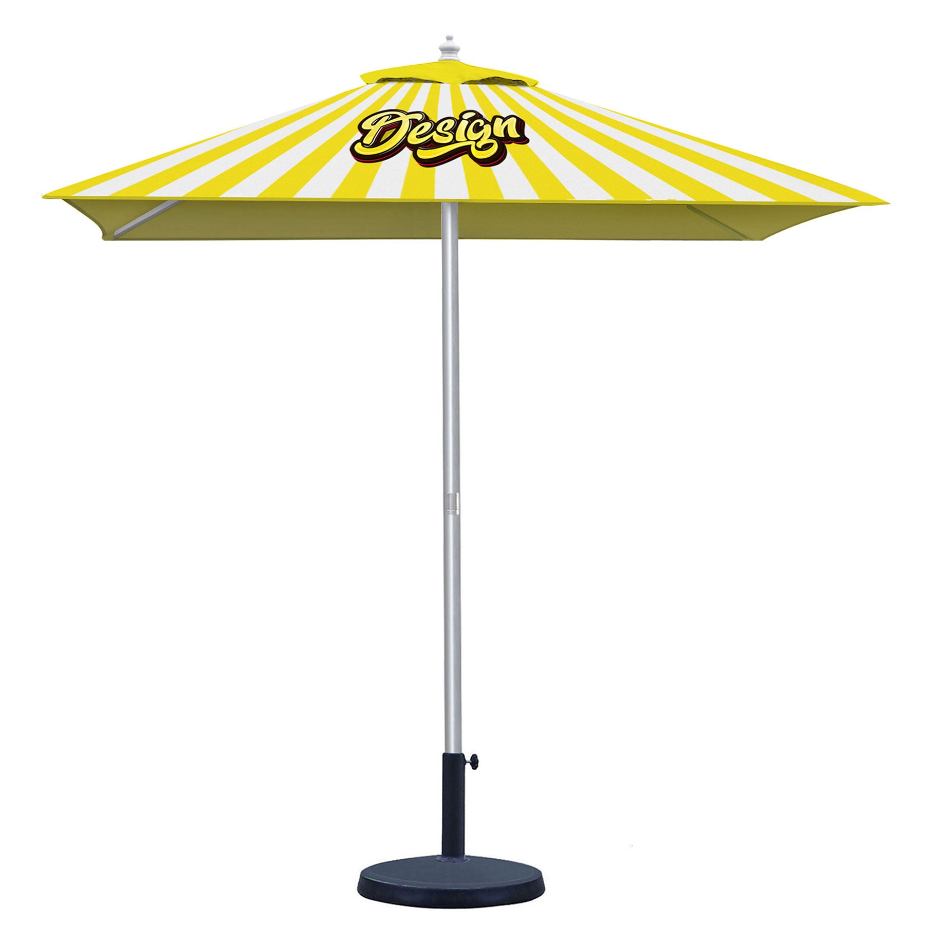 Yellow and white striped patio umbrella with a brand logo on a white background