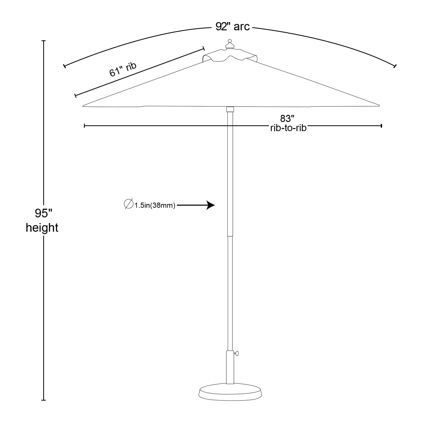 Technical drawing of an umbrella with measurements on a white background