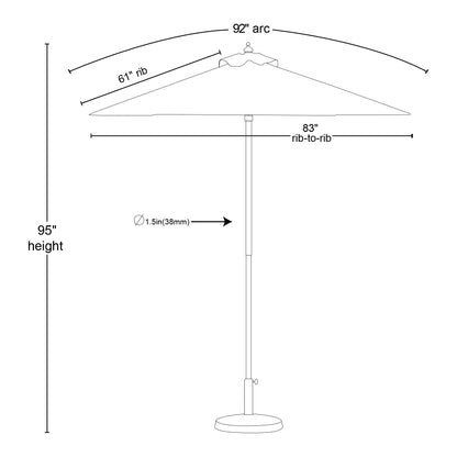 Technical drawing of an umbrella with measurements on a white background