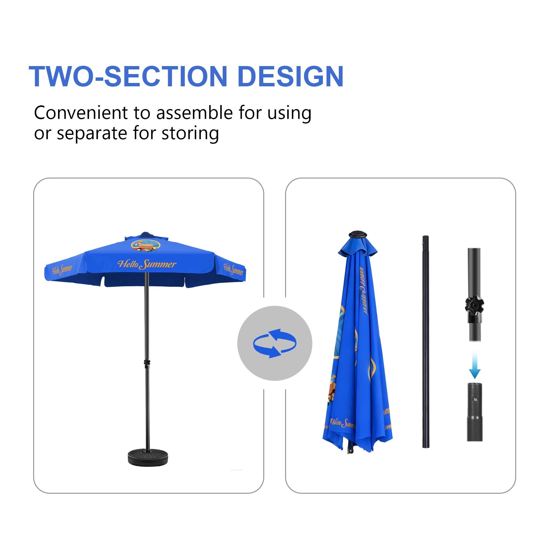 Blue patio umbrella with two-section design on a white background