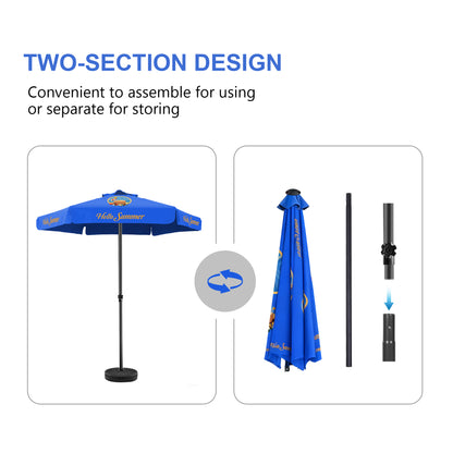Blue patio umbrella with two-section design on a white background