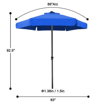 Blue patio umbrella with dimensions labeled on a white background