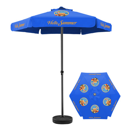 Blue patio umbrella with 'Hello Summer' text and cartoon characters on a white background