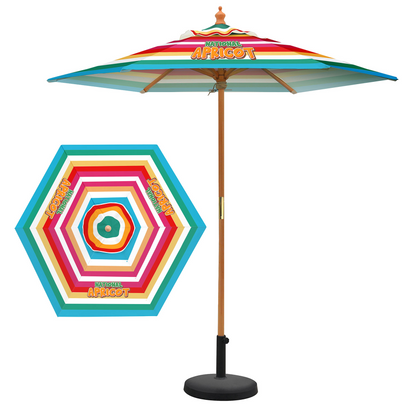 Colorful patio umbrella with a wooden pole on a white background