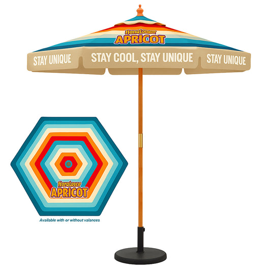 Colorful patio umbrella with branding and text on a white background