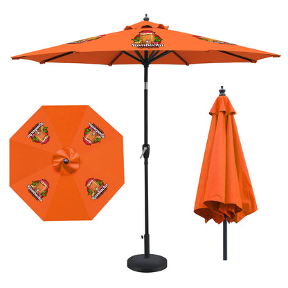 Orange patio umbrella with brand logo on a white background