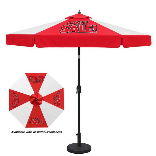 Red and white patio umbrella with 'Last Sale!' text on a white background