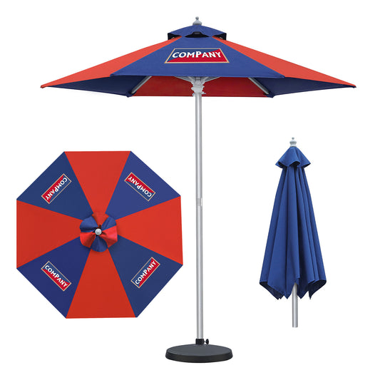 Red and blue patio umbrella with branded logo on a white background