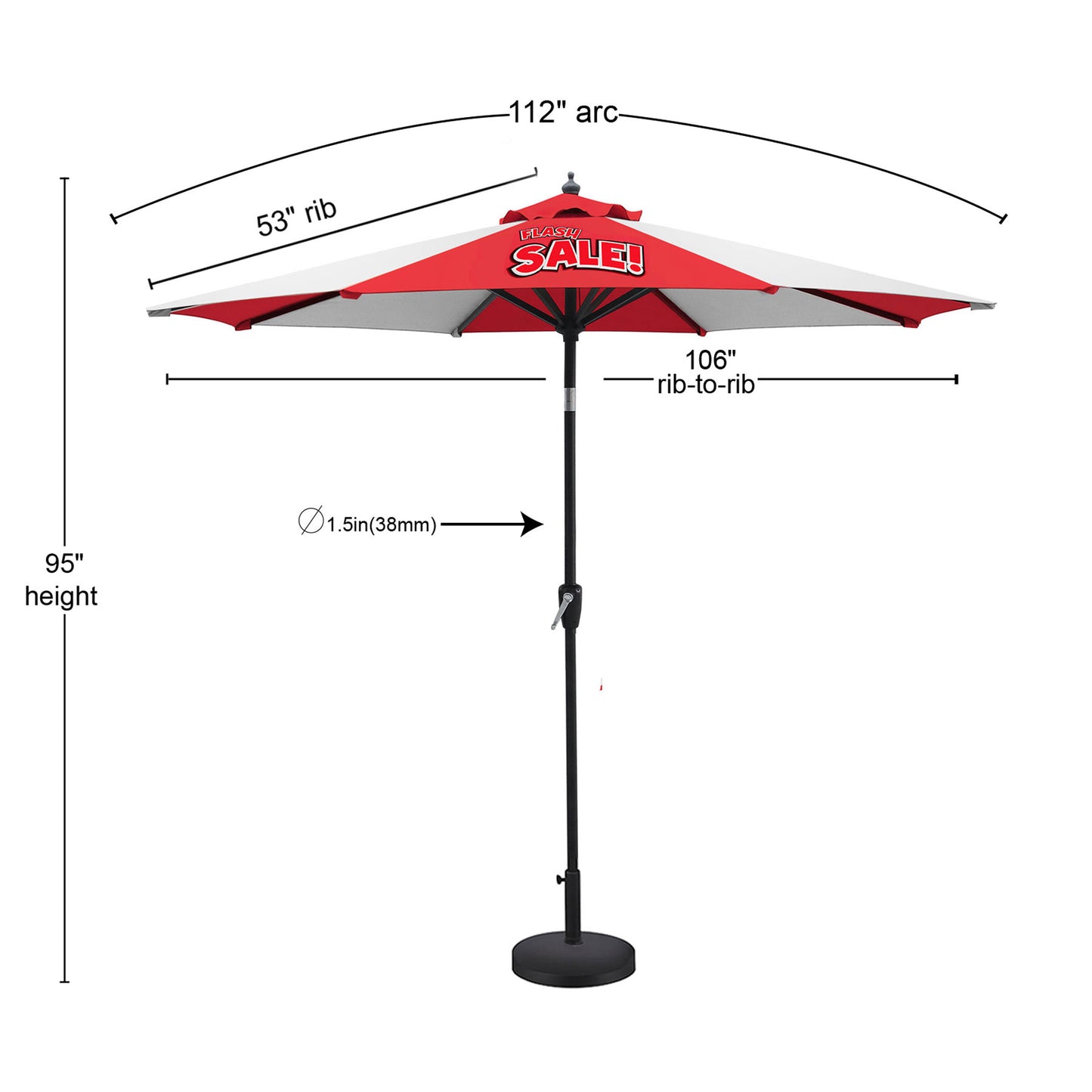 Measurement chart of an outdoor umbrella with dimensions labeled.