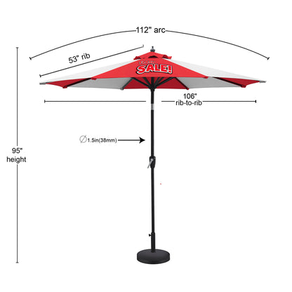 Measurement chart of an outdoor umbrella with dimensions labeled.