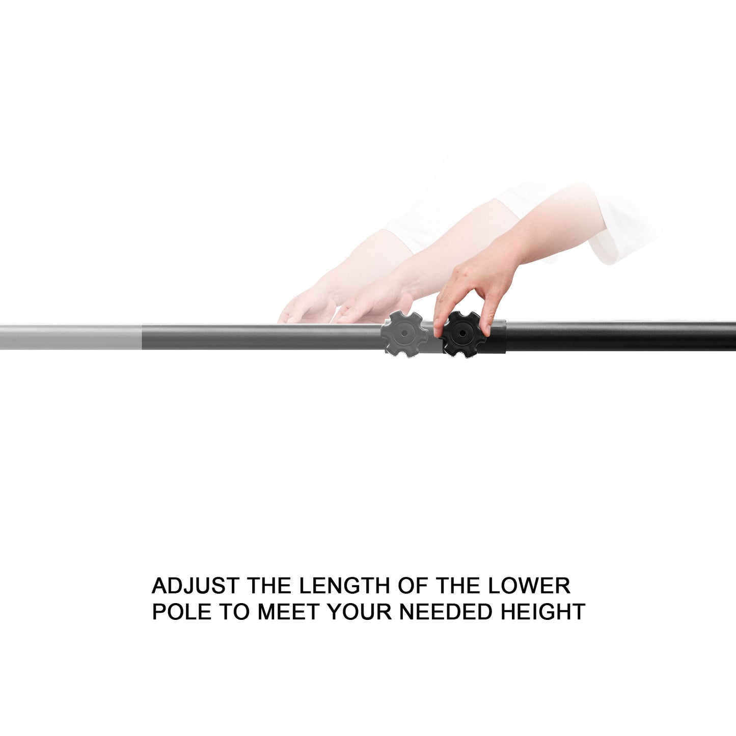 Person adjusting a telescopic pole with text indicating height adjustment capability.