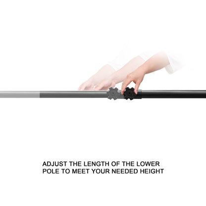 Person adjusting a telescopic pole with text indicating height adjustment capability.