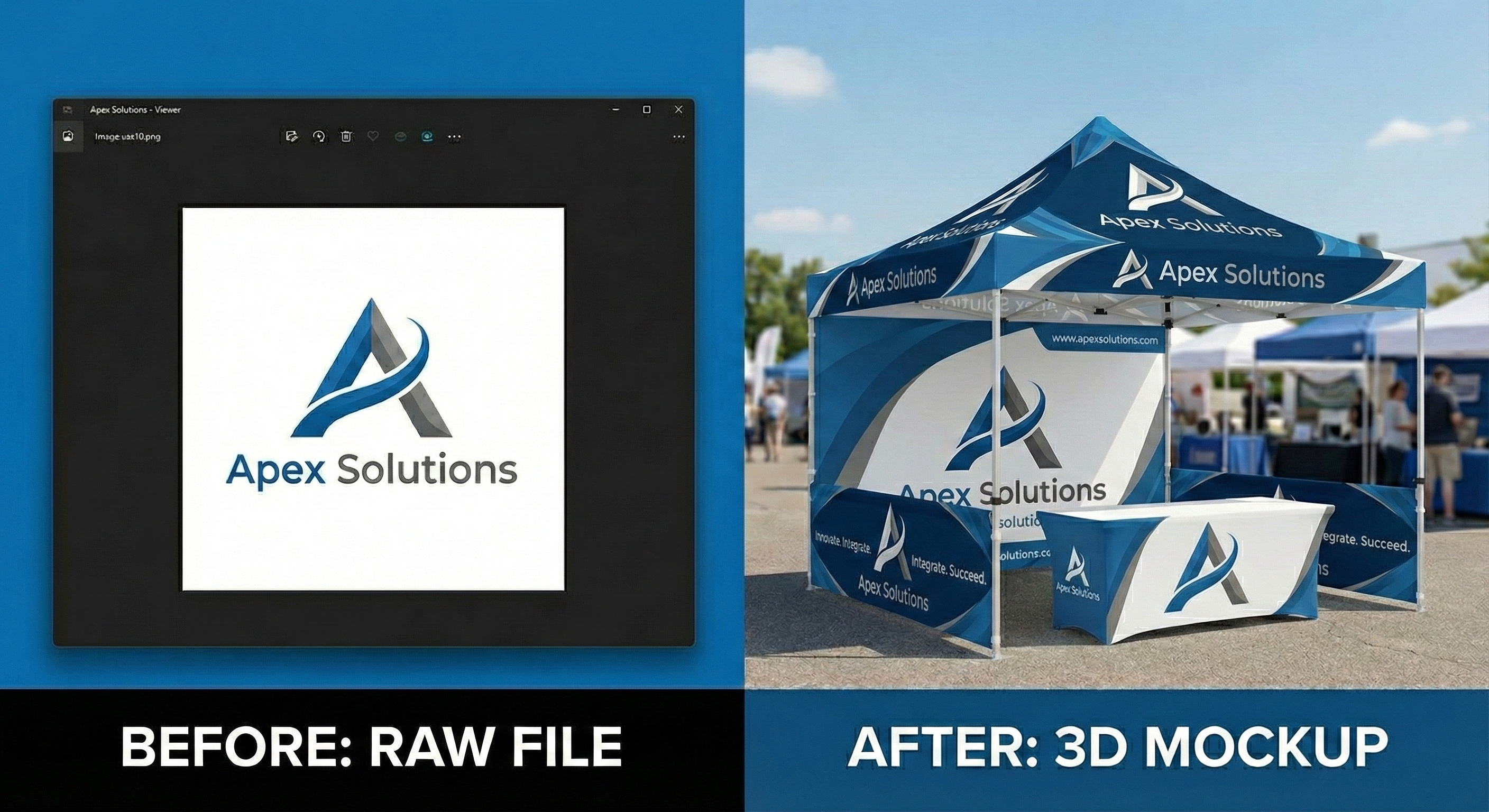 Comparison of Apex Solutions logo in a raw file and 3D mockup on a tent and tablecloth.