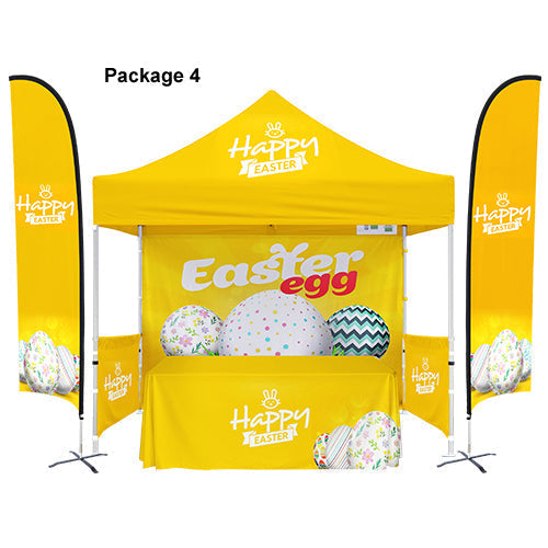 Yellow Easter-themed tent with decorative elements and 'Happy Easter' branding.