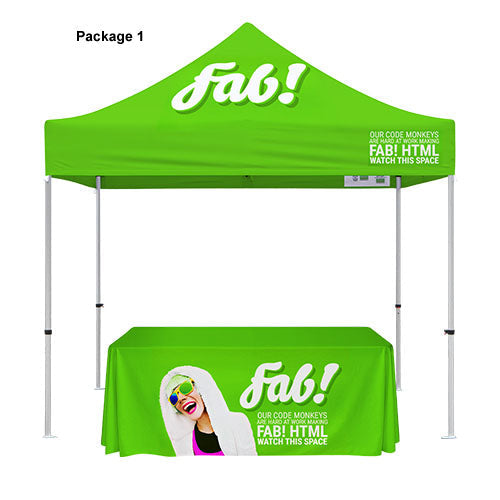 Green pop-up tent with branding and matching tablecloth on a white background