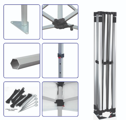 A silver aluminum folding canopy frame shown with six detail inset images on a white background, including the base plate, connector hardware, tube section, pole joint, underside attachment, and included ground stakes.