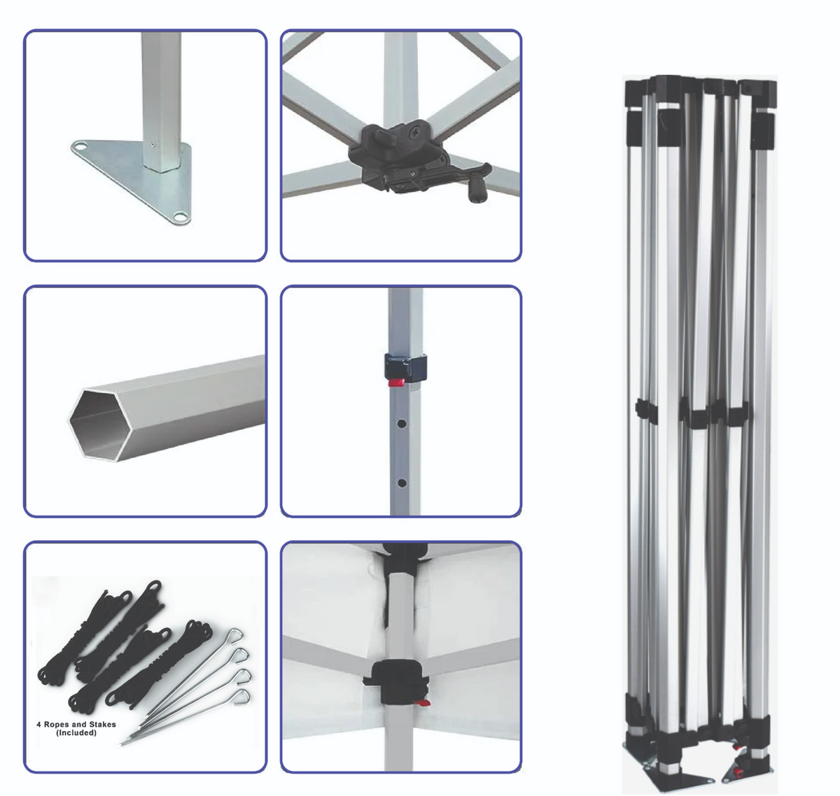 A silver aluminum folding canopy frame shown with six detail inset images on a white background, including the base plate, connector hardware, tube section, pole joint, underside attachment, and included ground stakes.