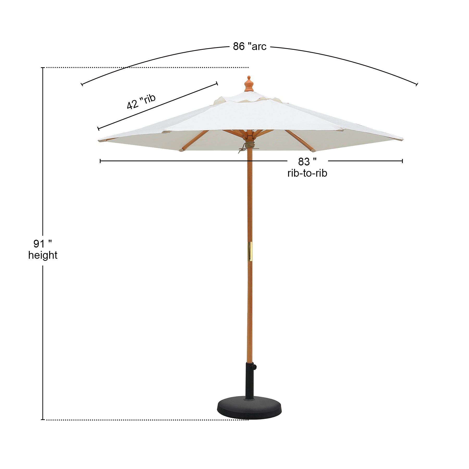 Patio umbrella with measurements on a white background
