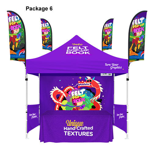 Purple promotional tent with colorful banners and branding on a white background