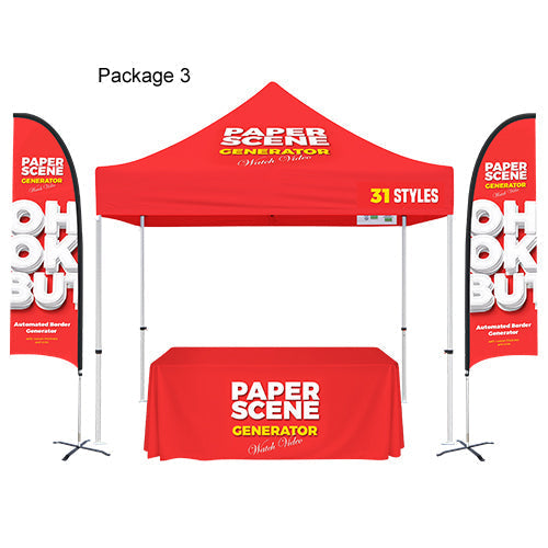 Red outdoor setup with canopy, table, and two banners featuring 'Paper Scene Generator' branding.
