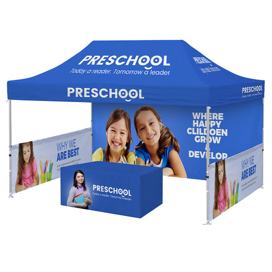 Blue preschool tent with branding and images of children on a white background