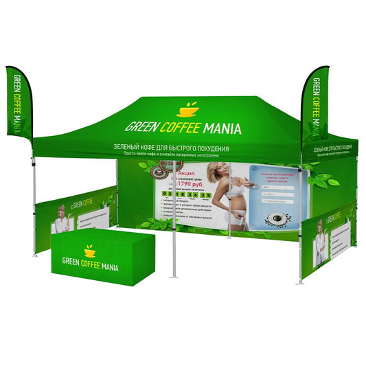 Green Coffee Mania promotional tent with branding and product information.