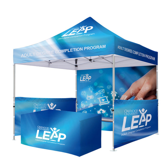 tent and table display with branding.