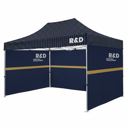 tent with patterns and branding on