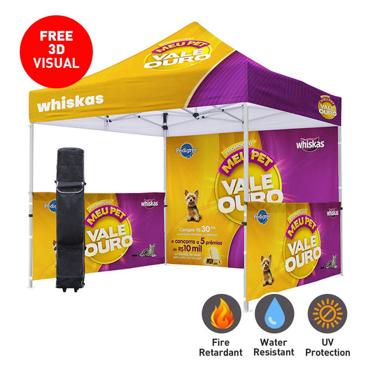 promotional tent with product packaging and features on a white background