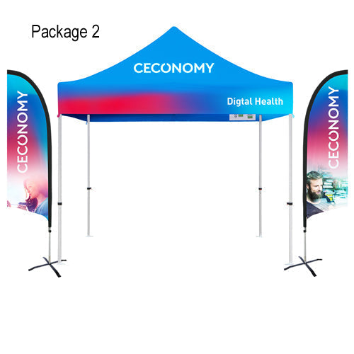 Ceconomy branded tent and banners on a white background