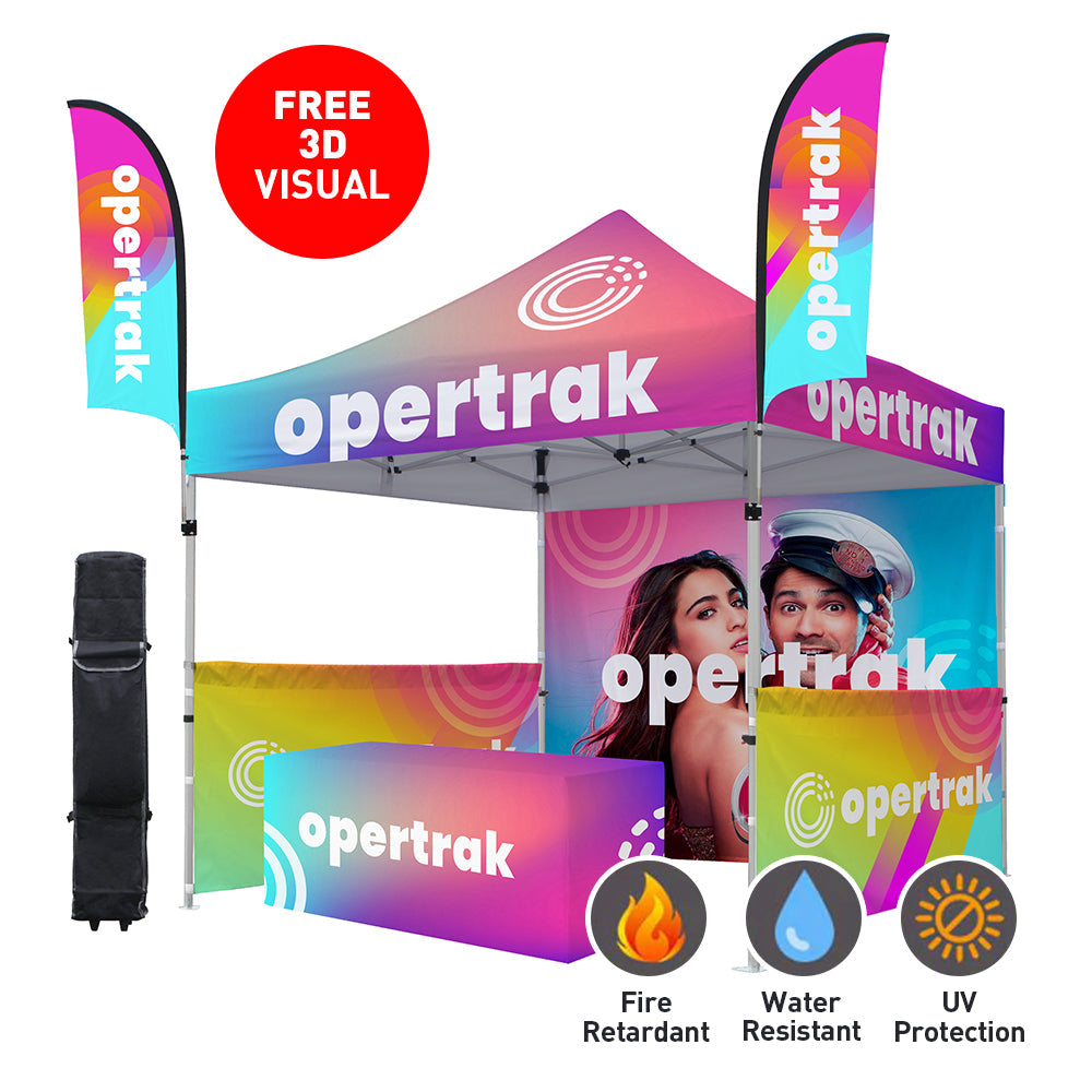 outdoor event tent with branding and product features on a white background