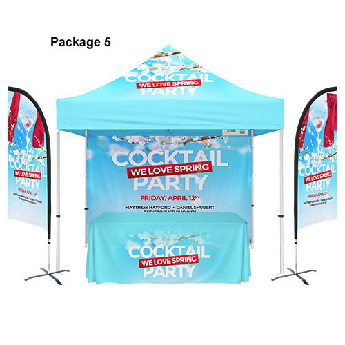 Outdoor promotional package with a tent, banner, and tablecloth featuring 'Cocktail We Love Spring Party' text.