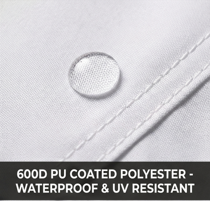 Close-up of a white waterproof fabric with a clear water droplet on the surface and a black text banner at the bottom reading '600D PU COATED POLYESTER - WATERPROOF & UV RESISTANT'.