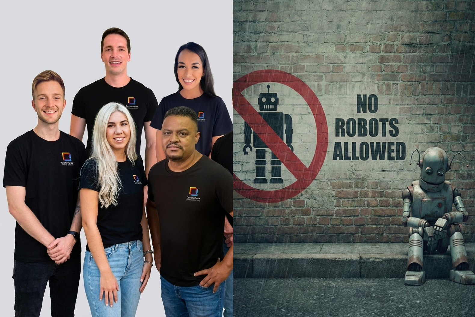 Group of people wearing black shirts with a 'No Robots Allowed' sign and robot in the background.