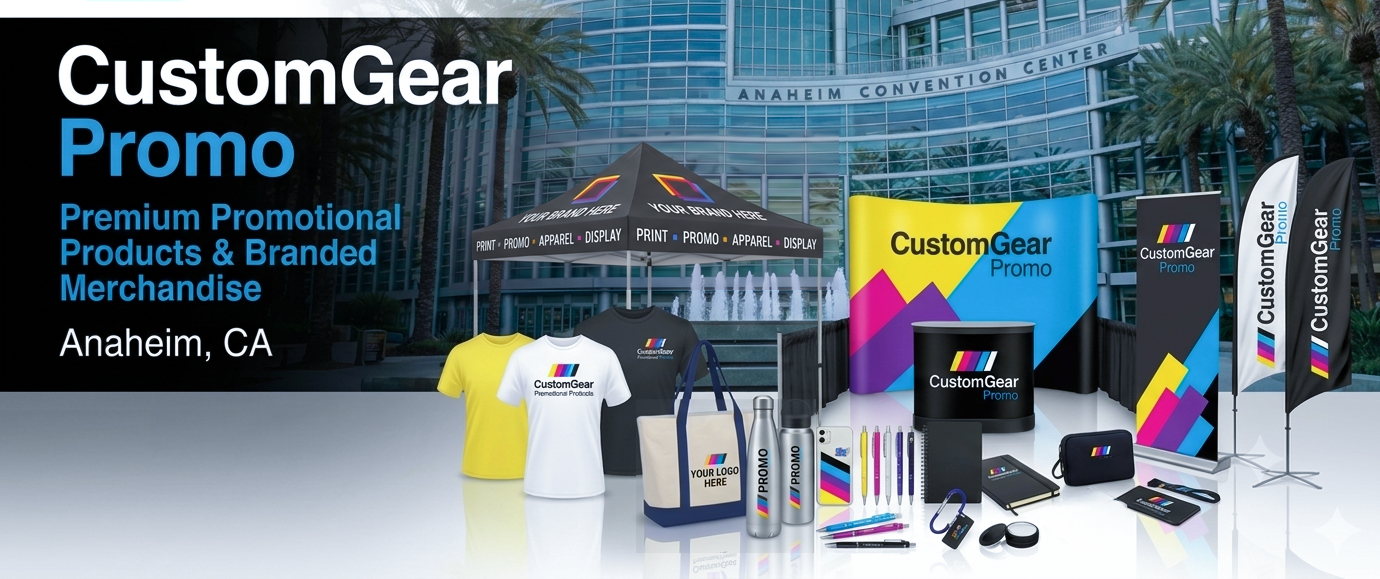 CustomGear promotional banner showing branded merchandise and printed items arranged in front of a convention center building. The display includes branded T-shirts, tote bags, cups, pens, a tablet, and vertical flag stands, with the text 'CustomGear Promo' and 'Anaheim, CA' prominently visible.