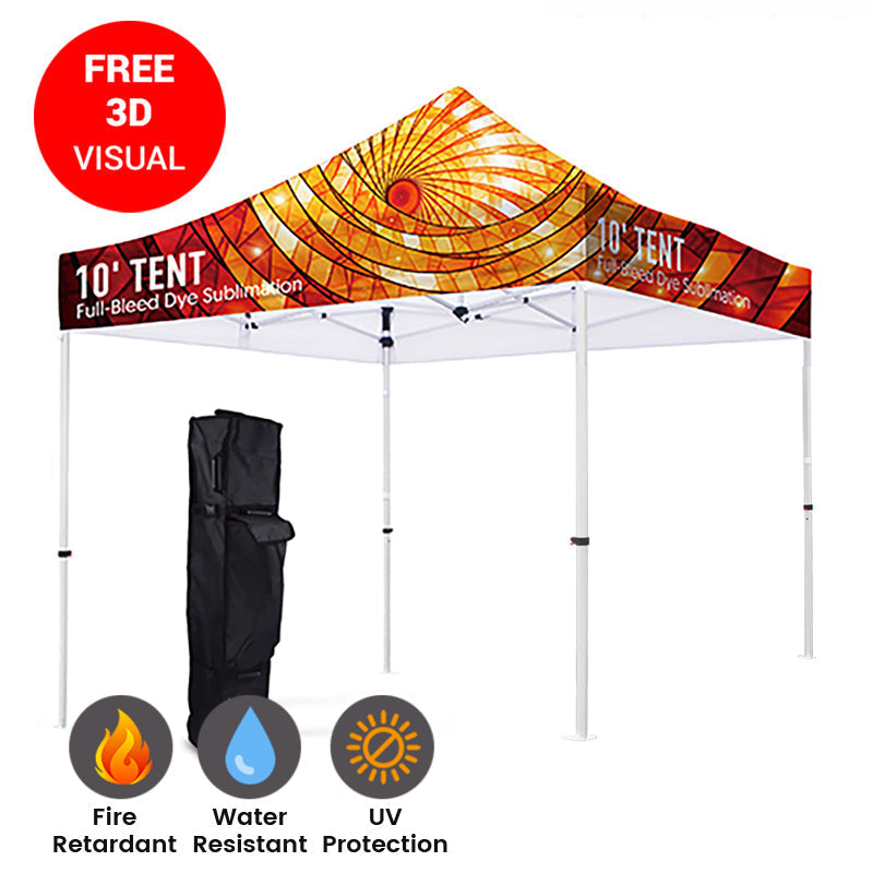 10' tent with colorful canopy and carrying bag on a white background