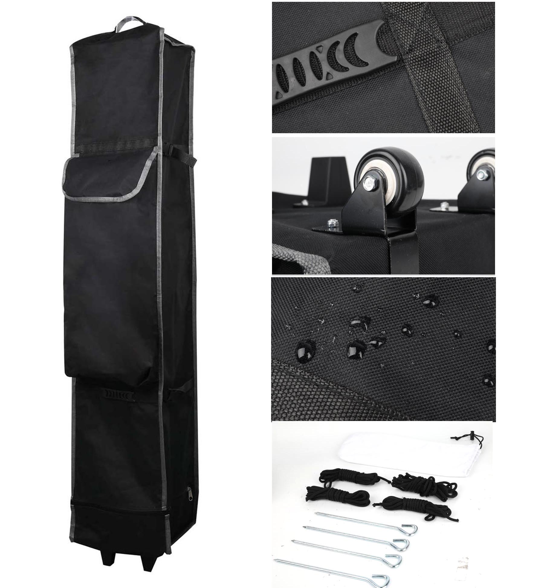 Black wheeled garment/storage bag shown on a white background with three detail insets: a close-up of a strap, a close-up of the wheel hardware, and a close-up of a water-droplet-resistant fabric surface. Small hardware pieces are also shown at the bottom.