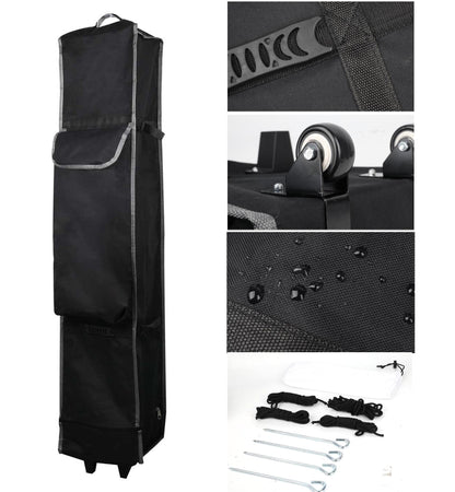 Black wheeled garment/storage bag shown on a white background with three detail insets: a close-up of a strap, a close-up of the wheel hardware, and a close-up of a water-droplet-resistant fabric surface. Small hardware pieces are also shown at the bottom.